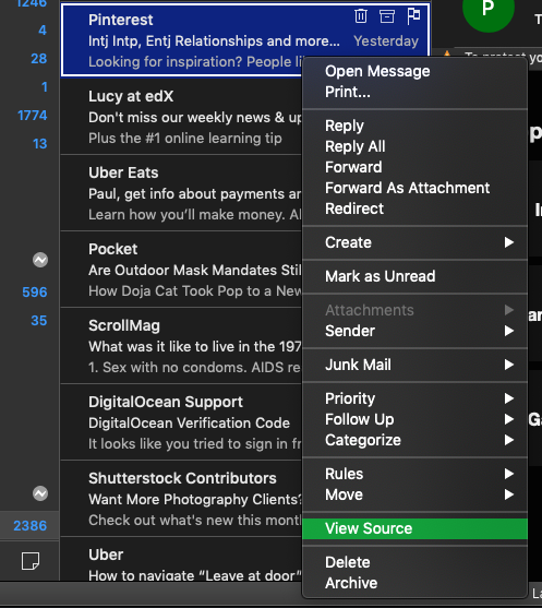 Screenshot showing the drop-down menu in Microsoft Outlook for Mac where “View Source” can be selected too see the full header of an email